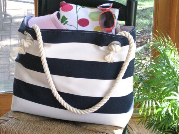 rope handle Navy stripe canvas beach tote bag / extra large durable women beach tote of item ...