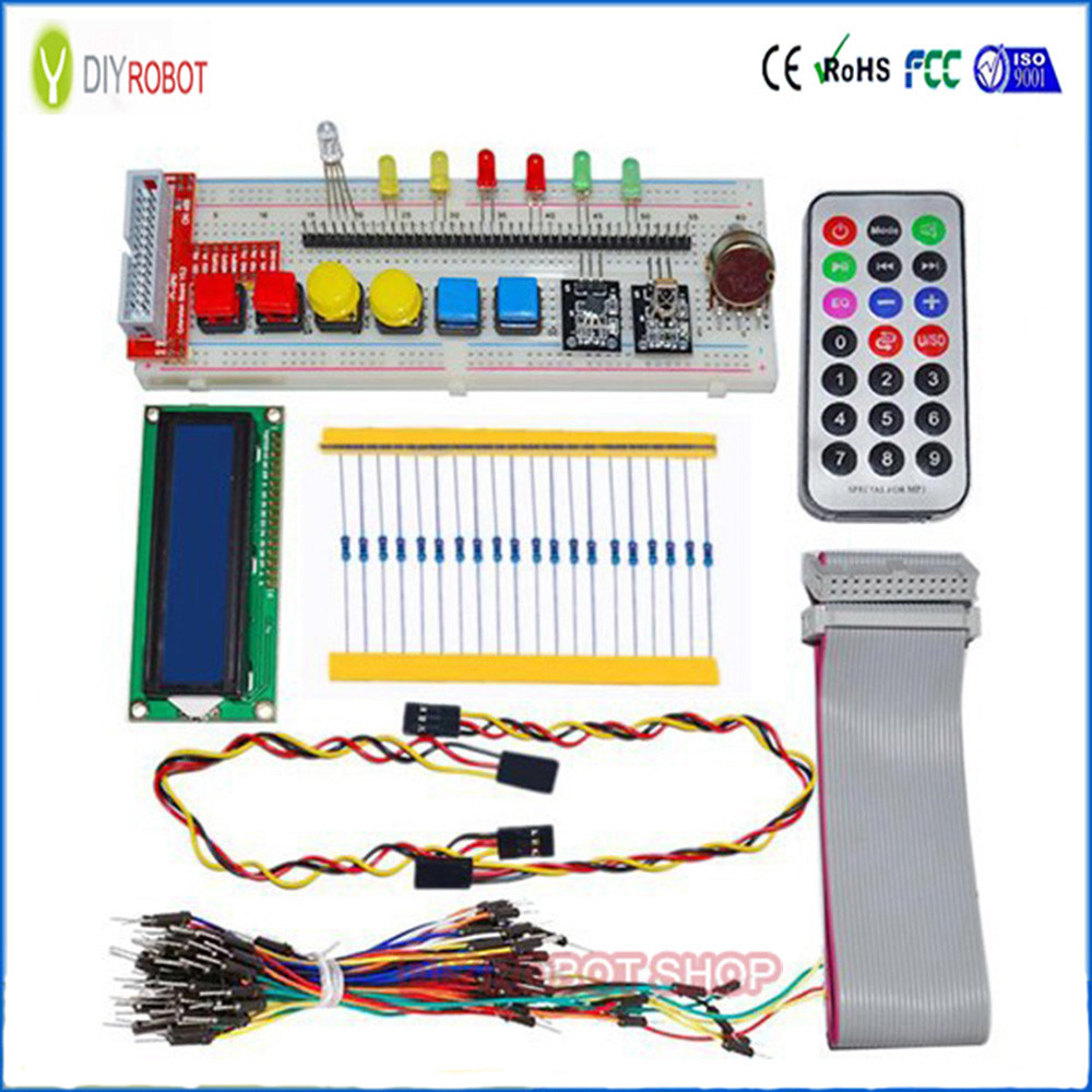 Wholesale GPIO Starter Kit for Raspberry Pi T-Cobbler 1602 LCD RGB Leds DS18B20 IR Remote with 830 point Breadboard from china suppliers