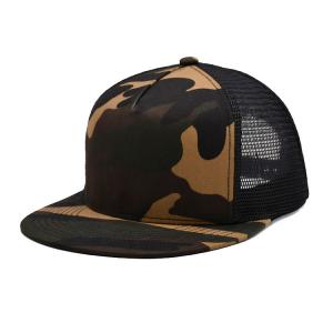 Wholesale Camo Cotton Fabric Trucker Cap 6 Panel Flat Brim Outdoor Cap Customize Logo Size Polyester Mesh from china suppliers