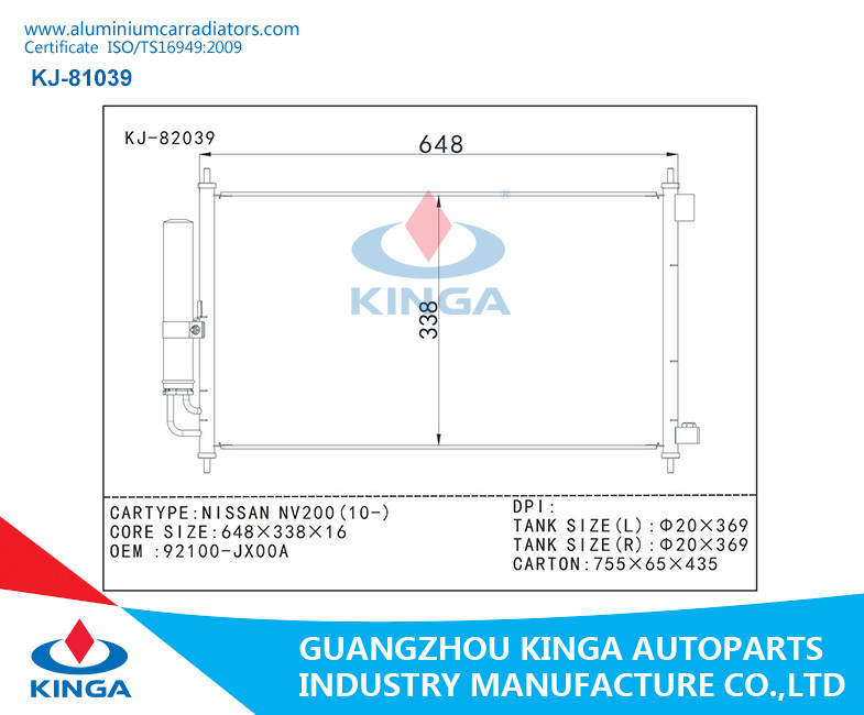 KJ-82039 Nissan Condenser / Aluminum AC Condenser Of NISSAN NV200(10-) OEM 92100