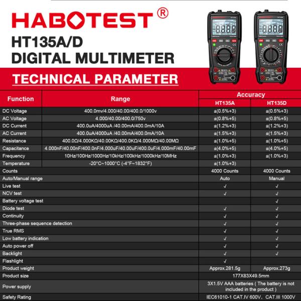 HABOTEST HT135 Digital Multimeter 1000V 10A 4000 Counts AC/DC Transistor Tester Electrical NCV Test Meter Profesional Multimetr