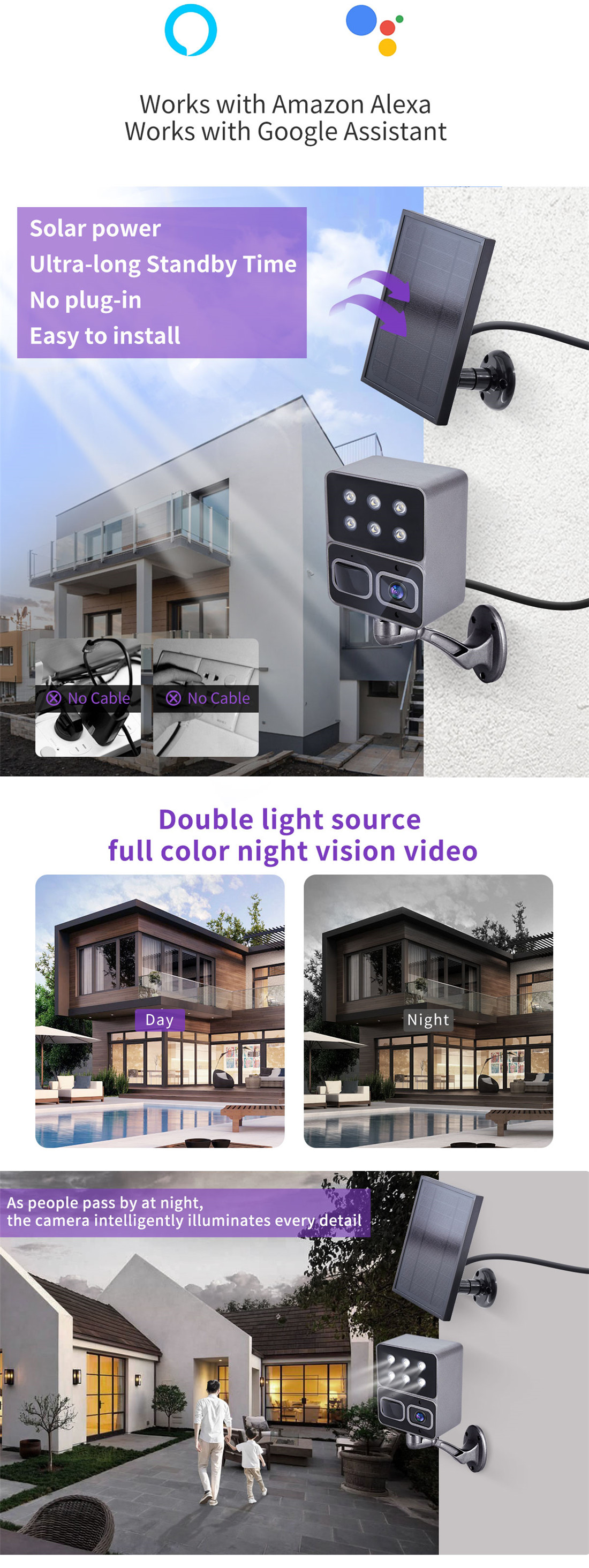 STD-1L Home Outdoor yard lamp night light no wires Ip66 Wireless 1080p Ip PTZ Security Surveillance Wifi Solar Camera