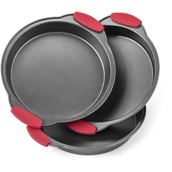 3 Piece NonStick Cake Pans Set with Silicone Handles Easy Release Non Stick Coating Wide Round Ends For Easy Handling