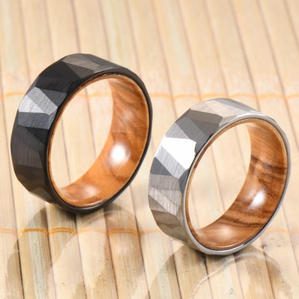 Sample Making Service Provided 8mm Faceted Silver Black Wedding Band Olive Wood Sleeve Inlay Tungsten Ring for Men Women