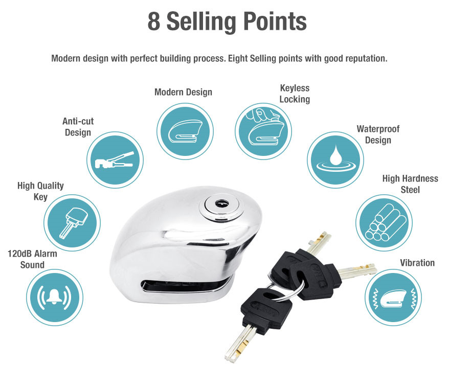 China Supply Smart Family Electric Smart Alarm Lock Alarm Disc Brake Lock Motorcycle Steering Lock BL16