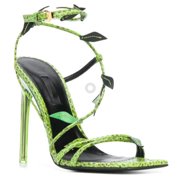 Papaya Green Pointed Toe Stiletto Heels Raffia Trims Open Toe Ankle Strap