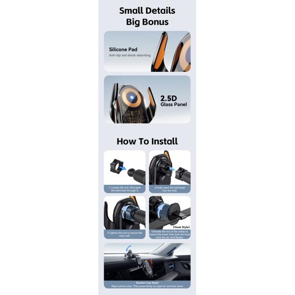 One-hand Operation Car Phone Holder with Wireless Charger and Anti-slip Features ESSAGER A6 360 Rotation