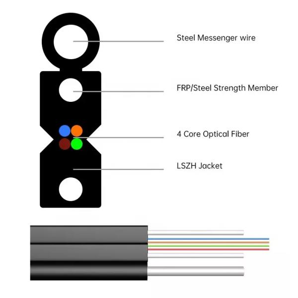 4 Hilo SM FTTH Drop Cable GJYXCH-1B6 G657A2 Outdoor Optical Fiber Drop Cable With Messenger