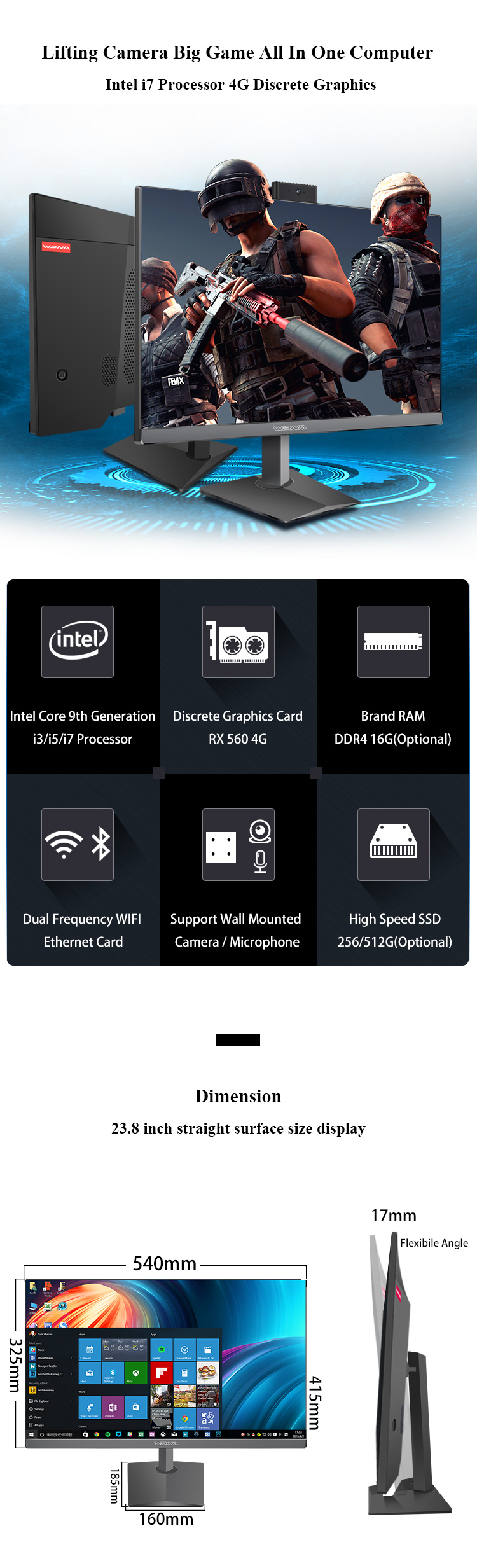 23.8 Inch Octa Core Business Monoblock Computer SSD 256G 512G Barebone Desktop AIO PC All In One
