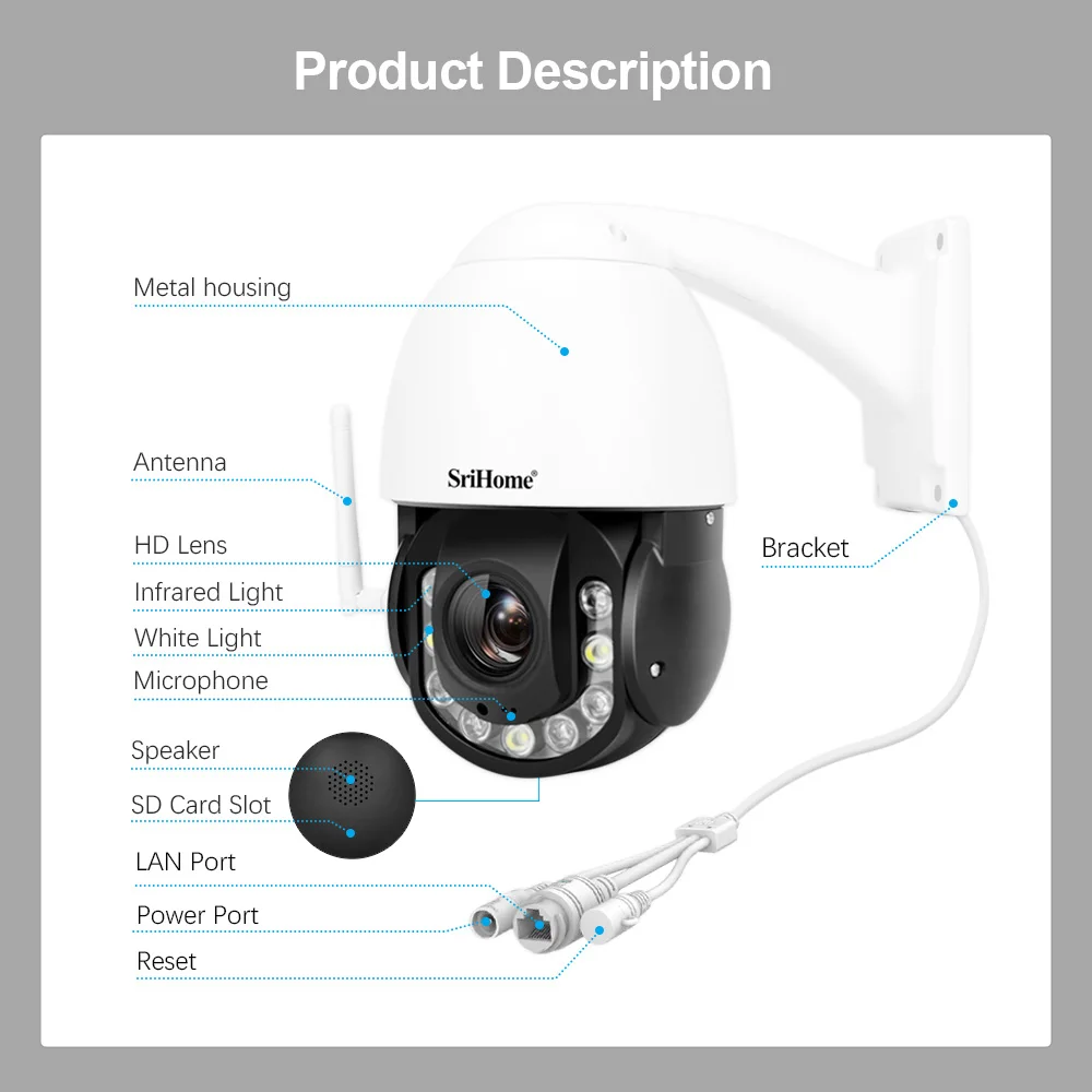 SriHome SH040 1920P Two-Way Audio NVR4.7mm~94mm 20x Optical Zoom Lens Waterproof IP66 WiFi Home Company Security Safety