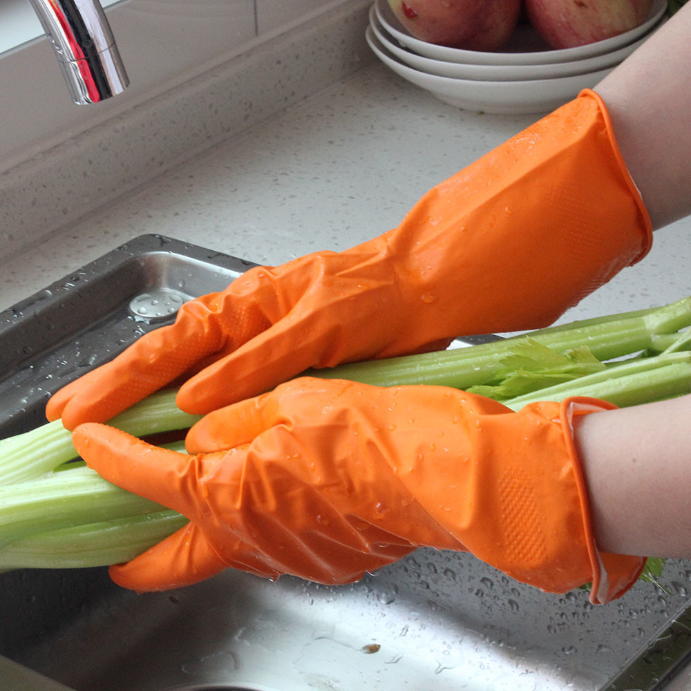 Anti Oil Waterproof Flock Lined Rubber Gloves For Washing Dishes European Standards