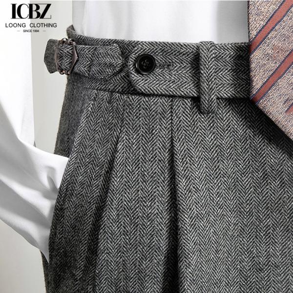 Customizable Logo Men's Gray Tweed Herringbone Wool Trousers for Business and