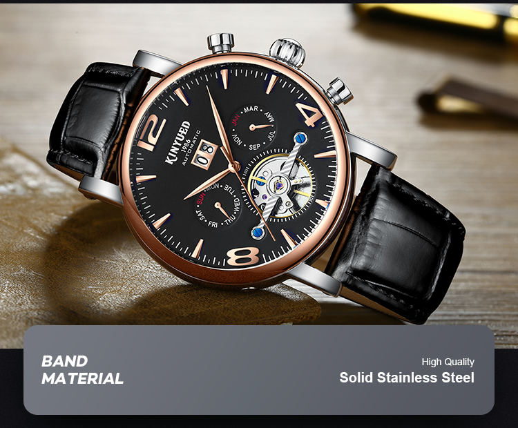 J030-4 KINYUED Mens Automatic Mechanical Watch Tourbillon Leather Waterproof Mechanical Watches