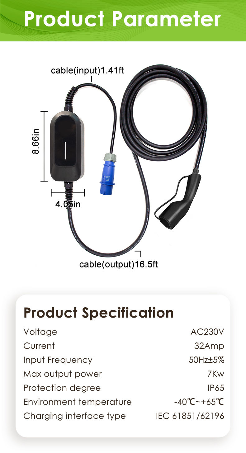EVCOME Portable Electric Car Charger (220V 7KW MAX 32A Ajutable ) 5M Or Customized Cable With OEM ODM
