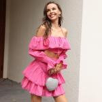 Flounce Sleeve Cold Shoulder Crop Tops Classy High Waist Tiered Mini Skirt