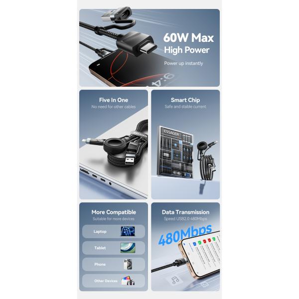 ESSAGER ES-X71 5 in 1 QC PD USB A/C to USB C/L Smart Watch Charging Data Cable