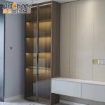 Adjustable TV Wall Cabinet in Modern Scandinavian Style with Glass Door and Wine