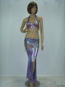 Wholesale 2 Pcs Belly Dancer Costume Purple Metallic Maxi Skirt Halter Neck Bra Flower Printing from china suppliers