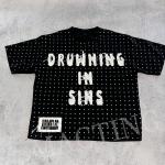 Custom Streetwear Rhinestone Cropped T Shirt Distressed Embroidery Patched For