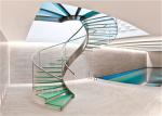 Rubber Wood Tread Curved Glass Staircase With Standoff Glass Railing