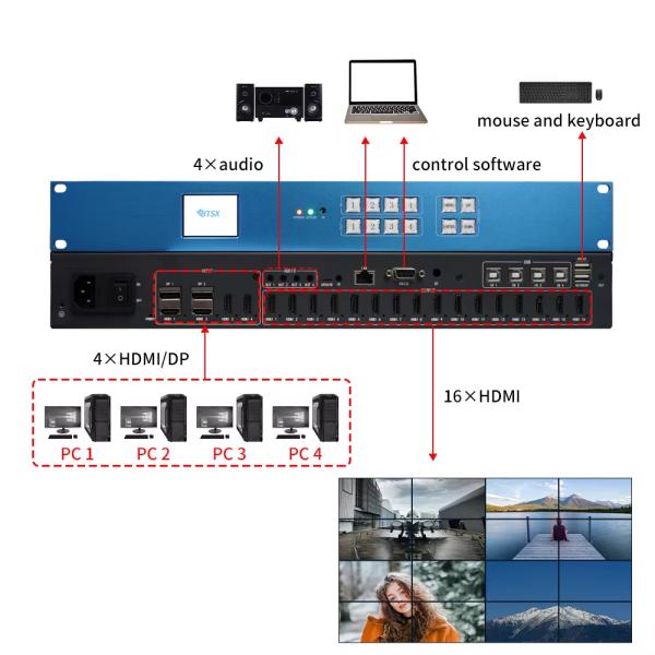 Bitvisus 4K60 Seamless Switching Display Wall Controller 4 Input 16 Output Video Wall Controller 3X5 4X4 Video Wall Processor