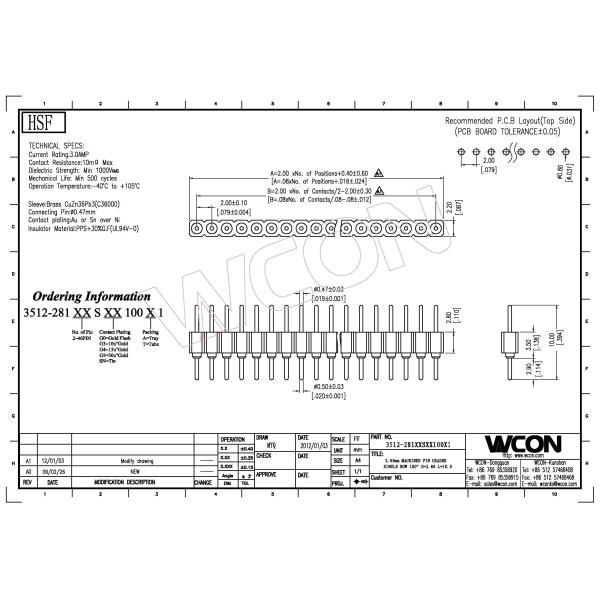 WCON 2.0mm Round Pin Header Connector Single Row Headers 1*22P 180°DIP