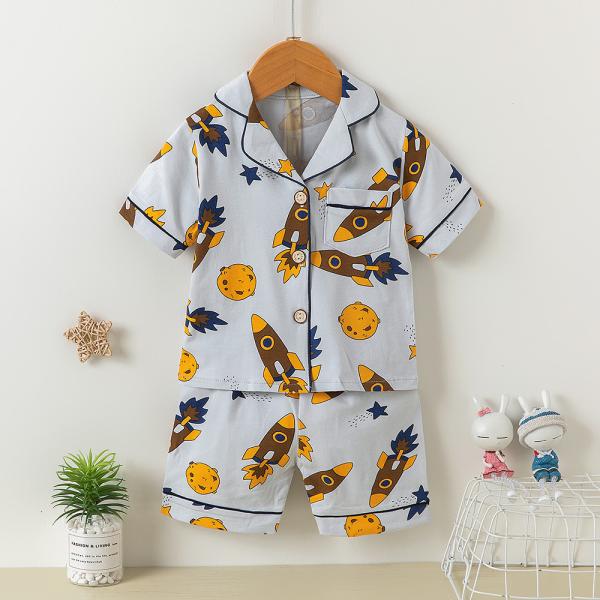 Home Cotton Short Sleeve Button Up Pjs Lapel Soft Pyjama Set Rocket Planet 5%