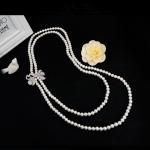 Women White Shell Pearl Double Strands Sweater Necklace with Cubic Zirconia Bow