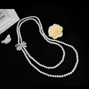 Wholesale Women White Shell Pearl Double Strands Sweater Necklace with Cubic Zirconia Bow Charm (SN702143BOW) from china suppliers