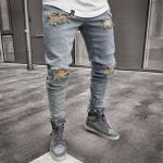 High Waist Nostalgic Men'S Stretch Ripped Jeans Drawstring Closure