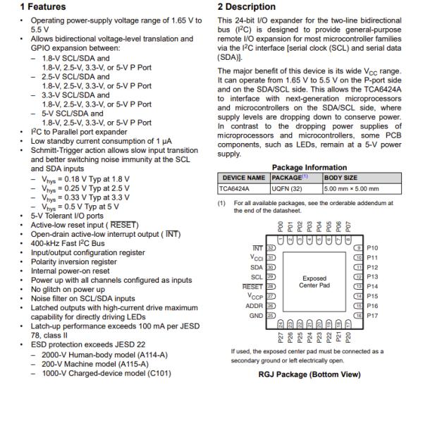 TCA6424ARGJR Ic Chip Xpndr 400khz Smbus 32uqfn I/O Expander 24 I²C