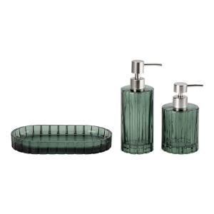 Wholesale Ribbed Glass Bathroom Accessories 3pcs Set Green Color With Vertical Stripe Silver Mat Pump Head Parts from china suppliers