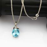 925 Silver 9mmx11mm Oval Blue Topaz Cubic Zirconia Pendant (PSJ0429)