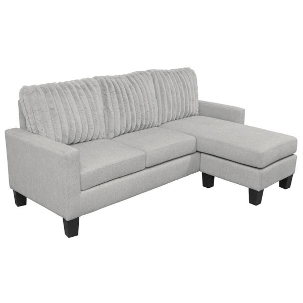 L Shaped Sectional Sofa with Dropdown Table and Reversible Chaise, Light Gray Fabric