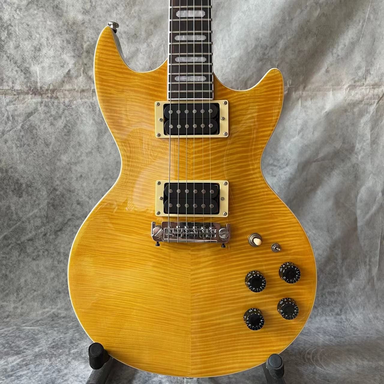 Custom Flamed Maple Veneer Pearloid Notched Block Inlays OVATION Electric Guitar