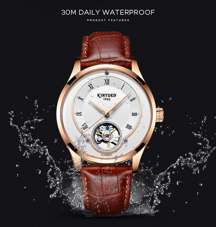 KINYUED tourbillon mens automatic watch skeleton mechanical water resistant watch men wristwatch