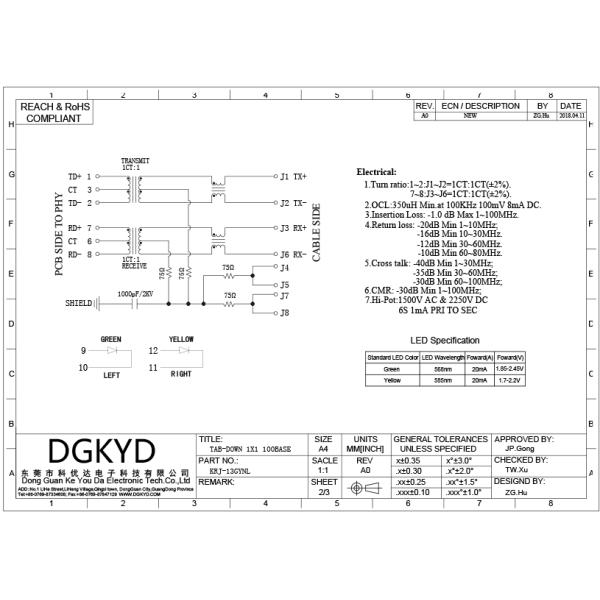 100 BASE Telecommunication RJ45 Modular Connector With Internal Transformer OEM