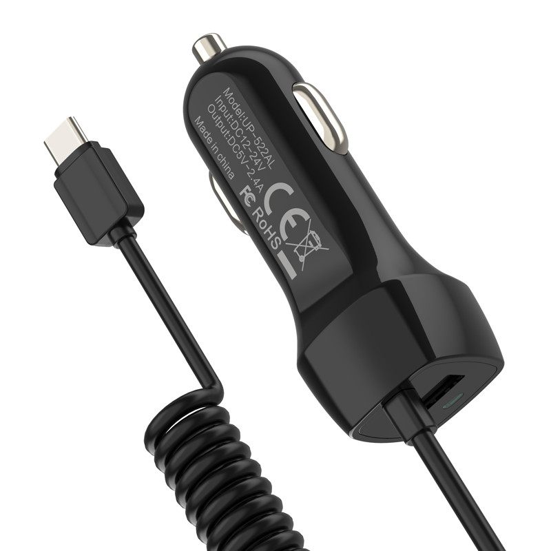 5V 3.4A Rapid Phone Charger 5Ft 1.5M Spring Flexible Cable 2 In 1 Car Charger