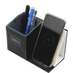 Custom Logo LED Lights Leather Pen Holder Multiscene With Phone Charger Nonslip