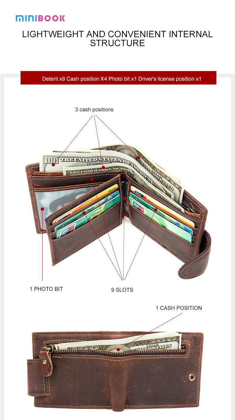 Customize Logo Design Short Men's Wallet in Genuine Leather with Zipper Closure