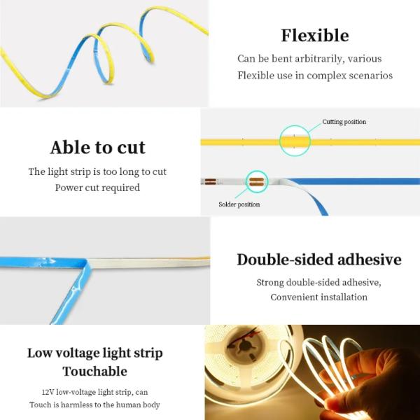DC 12V 24V 5V Ultra Narrow 3mm Dotless COB LED Strip Light for Flexible Lighting