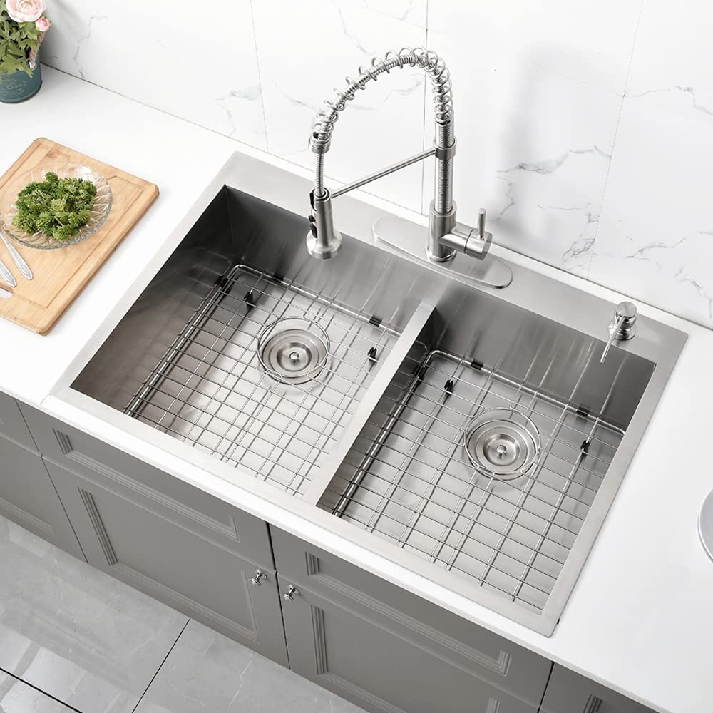 33X22 Inch 2 Bowl Top Mount Stainless Steel Kitchen Sink PVD Brushed Surface