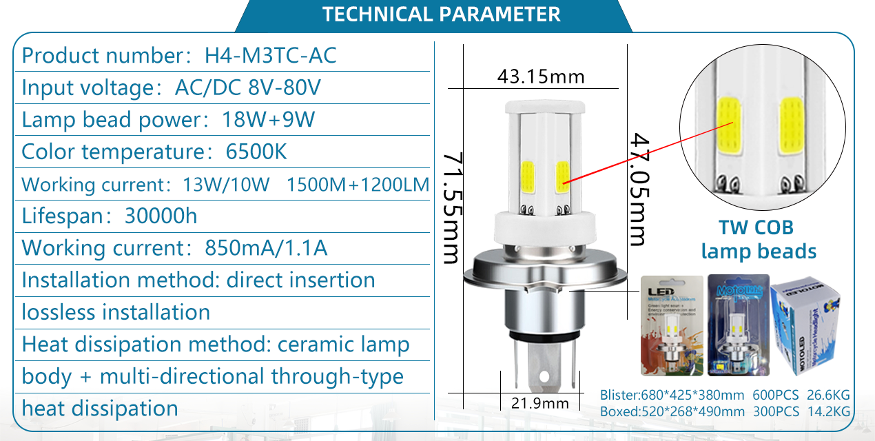 6500K H4 Motorcycle Bulb M4 Led Motorcycle Headlight Replacement
