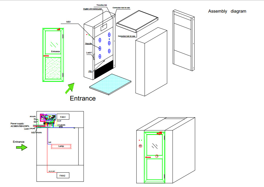 Double Blowing Cleanroom Air Shower Single Aluminum Door W1400xD1000xH2100mm