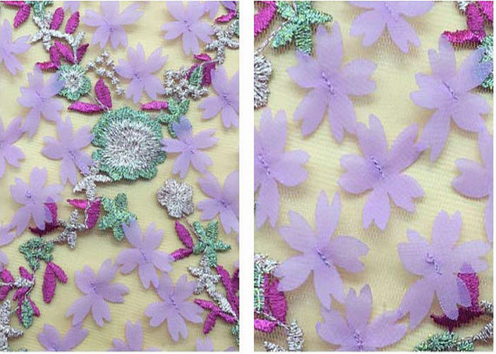 3D Flower Embroidered Stretch Mesh Fabric , Coloured Tulle Lace Fabric