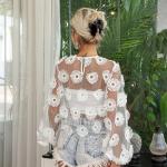 Lantern Sleeved High Neck Flared Blouse Chic Black High Waisted Lace Tops With
