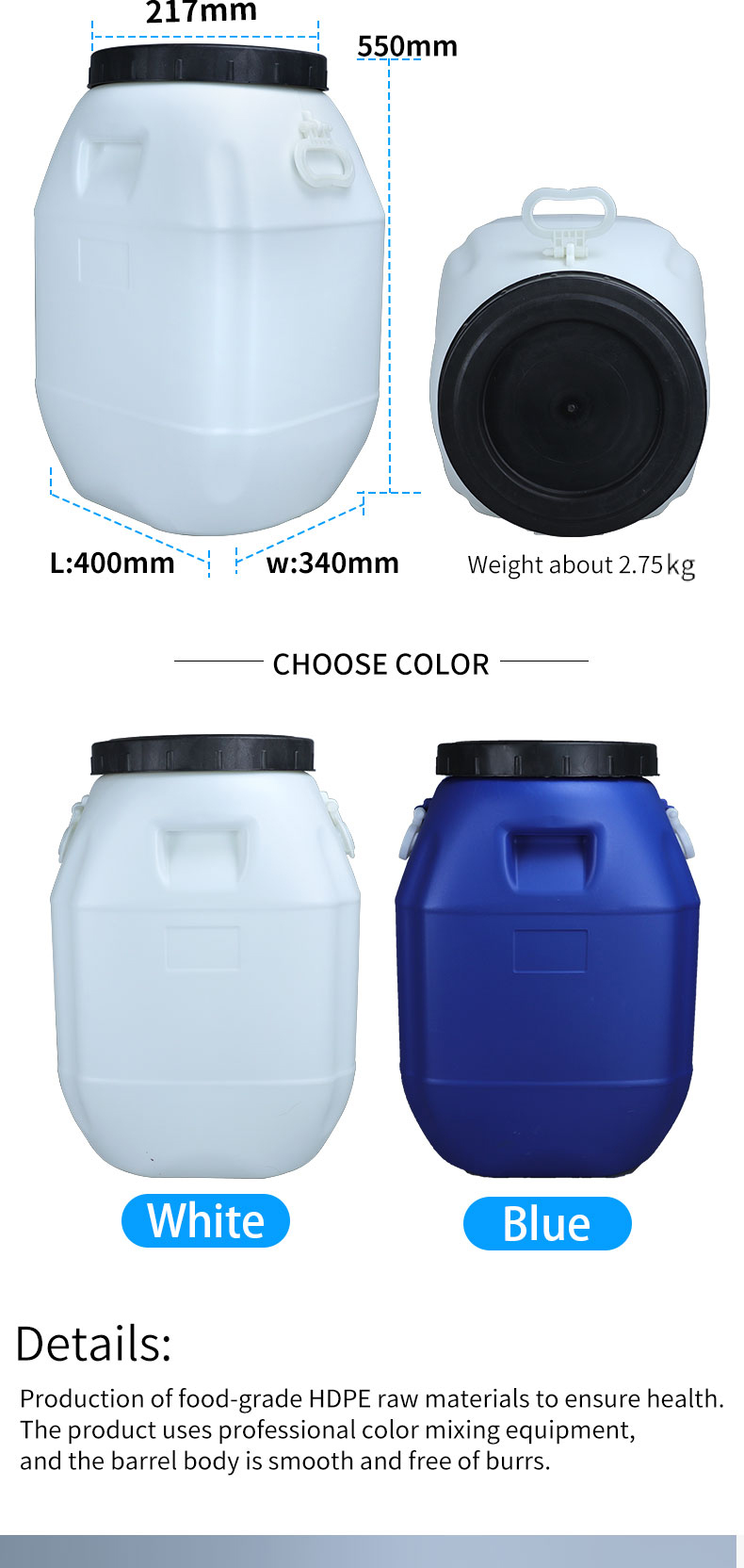 80*47mm 50L Plastic Drum Plastic Chemical Containers Open Top With Handle