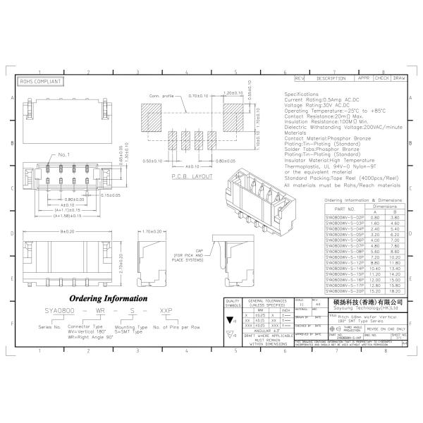 JST Wire To Board Connector Single Row 0.8mm Wafer Connector 2Pin-20Pin