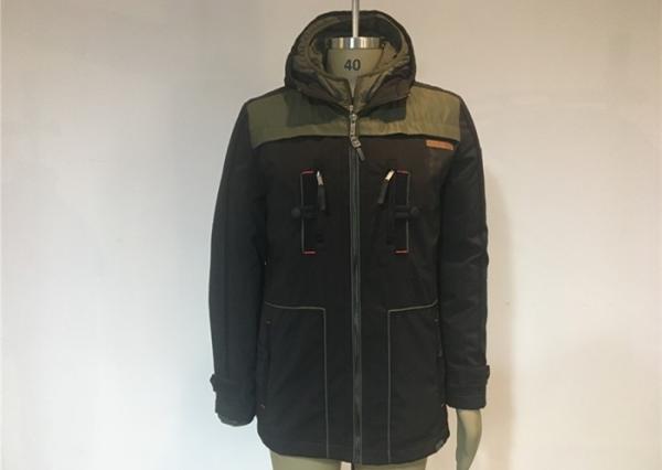 Quality Undetachable Hooded Mens Polyester Jacket Olive And Black Color Male Winter Coat for sale