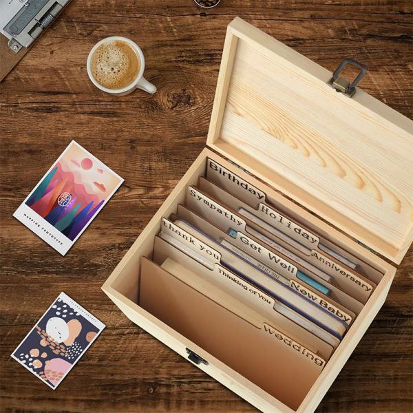 Modern BAMBOO Greeting Card Organizer Box With Dividers And Lid Stylish Design